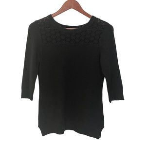 Dry Goods Pink Rose Black Knit Crochet 3/4 Sleeve Sweater Top Textured Small